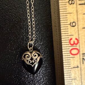 Sterling Silver Black Onyx Heart Pendant Necklace 24”